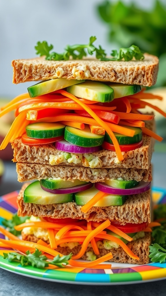 A hearty veggie sandwich with avocado, cucumbers, bell peppers, and carrots on whole grain bread, served with greens.